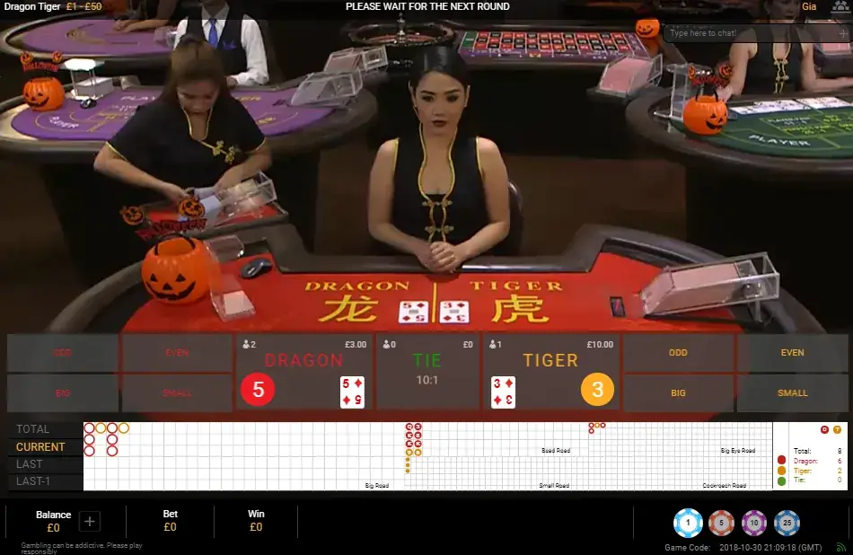 The Dragon Tiger table and betting board