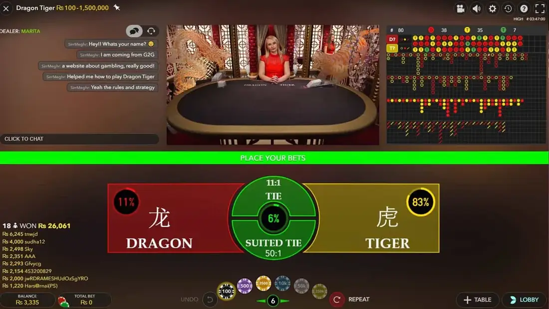 A round of Dragon Tiger in progress